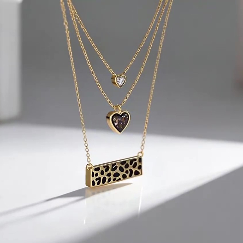 Sotiya Heart Cut Leopard Print Coffee Enamel Triple Layered Necklace Sterling Silver-Sotiya
