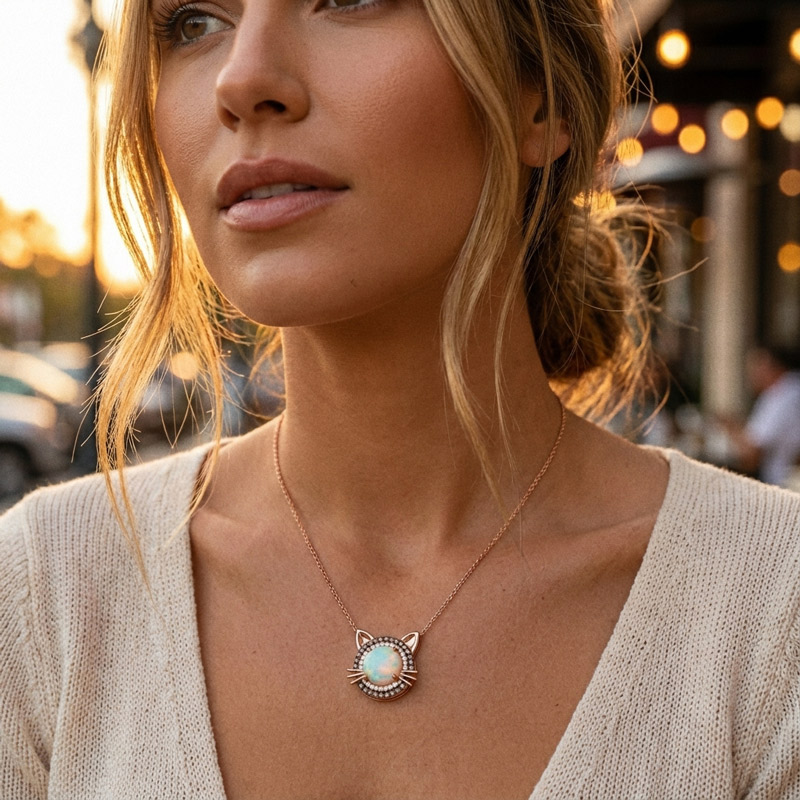 Sotiya Cat Design Double Halo Opal Round Cut Coffee Necklace Sterling Silver-Sotiya