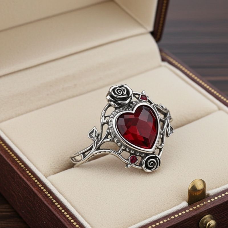 Sotiya Vintage Rose Heart Cut Garnet Skull Inspired Cocktail Ring Sterling Silver-Sotiya