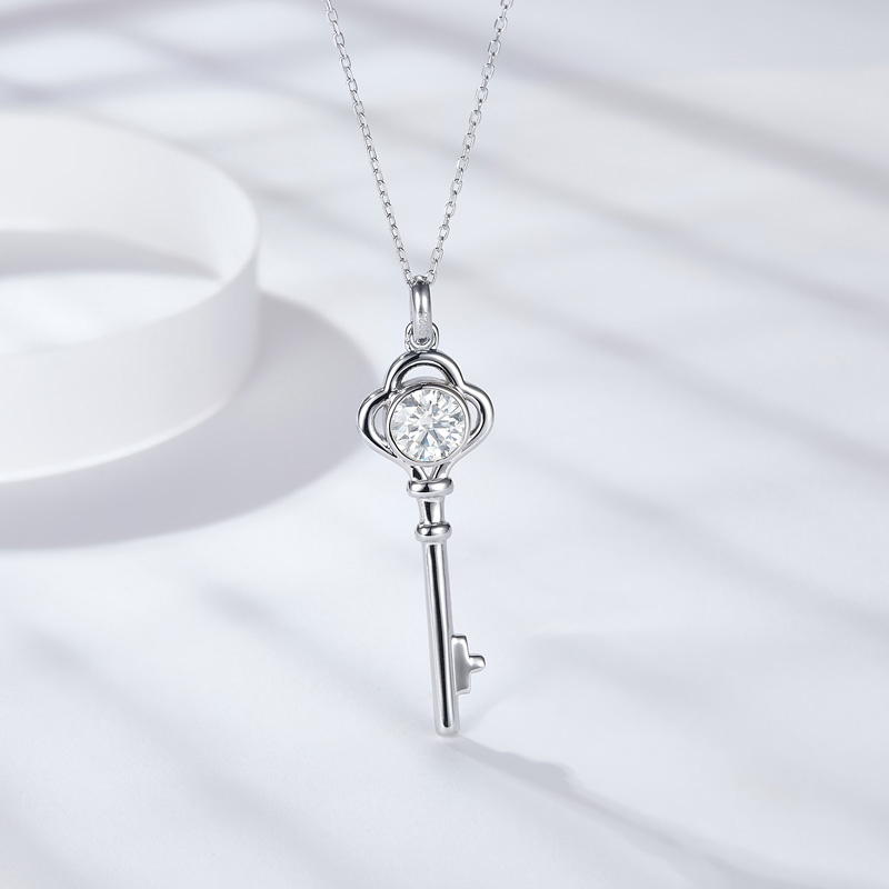 Sotiya Key Design Bezel Set Round Cut Moissanite Necklace Sterling Silver-Sotiya