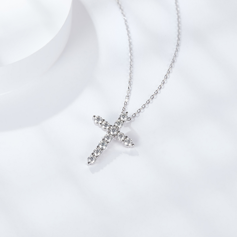 Sotiya Cross Design Round Cut Moissanite Necklace Sterling Silver-Sotiya