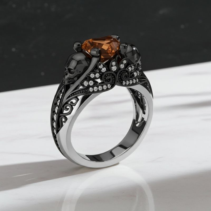 Sotiya Gothic Skull Heart Cut Coffee Engagement Ring Sterling Silver-Sotiya