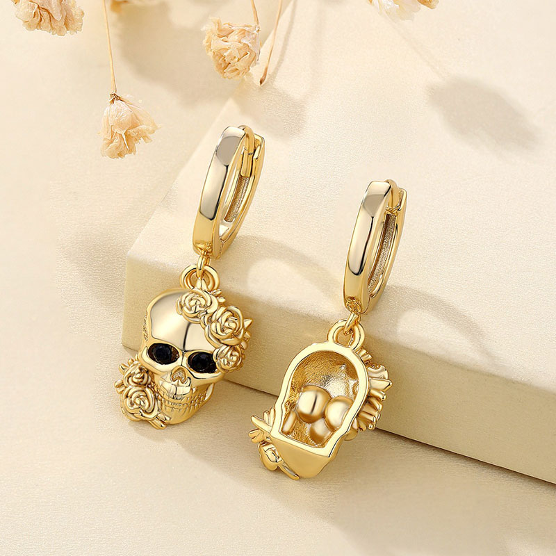 Sotiya Round Cut Gothic Rose Skull Design Drop Earrings Sterling Silver-Sotiya