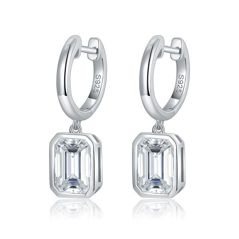 Sotiya Solitaire Emerald Cut Moissanite Drop Earrings Sterling Silver-Sotiya