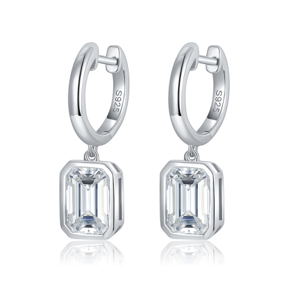 Sotiya Solitaire Emerald Cut Moissanite Drop Earrings Sterling Silver-Sotiya