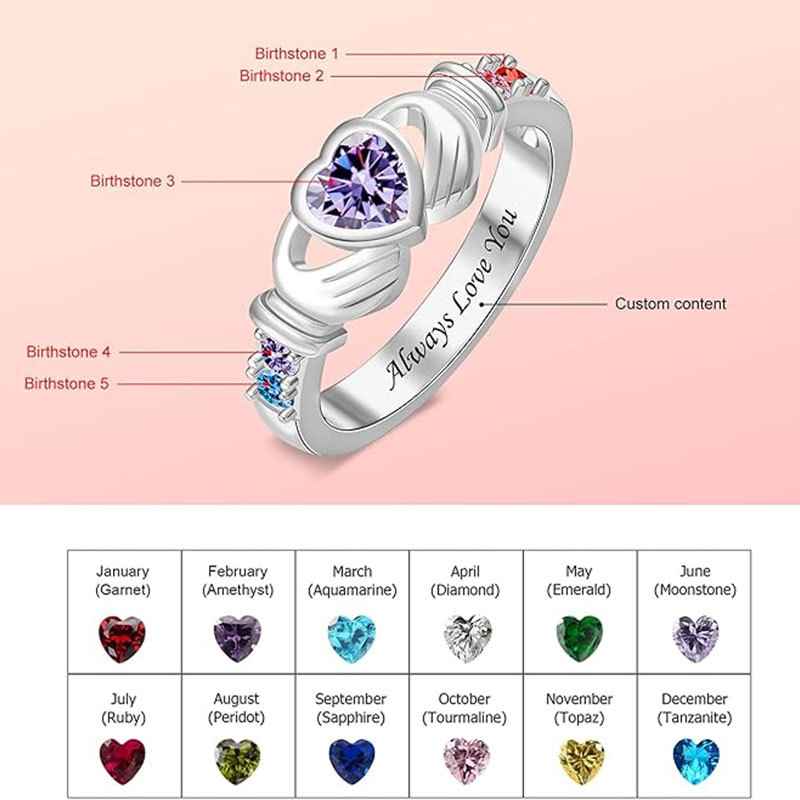 Sotiya Heart Cut Claddagh Ring Custom 12 Birthstone Engraved Name Promise Ring Sterling Silver-Sotiya