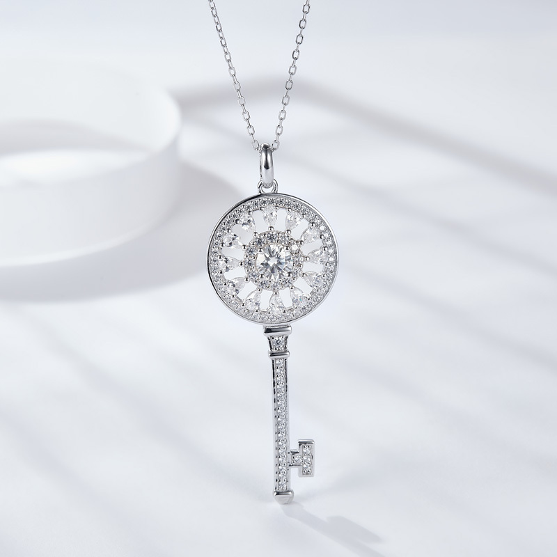 Sotiya Flower and Key Design Halo Round Cut Moissanite Necklace Sterling Silver-Sotiya