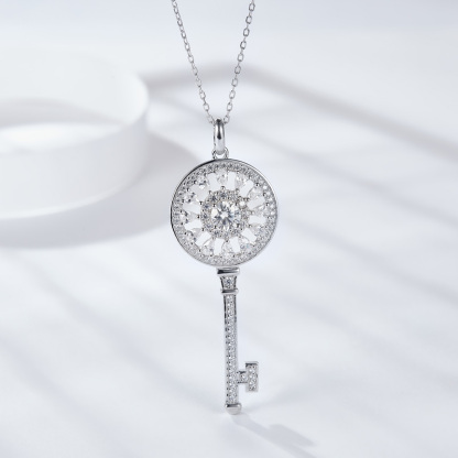 Sotiya Flower and Key Design Halo Round Cut Moissanite Necklace Sterling Silver-Sotiya