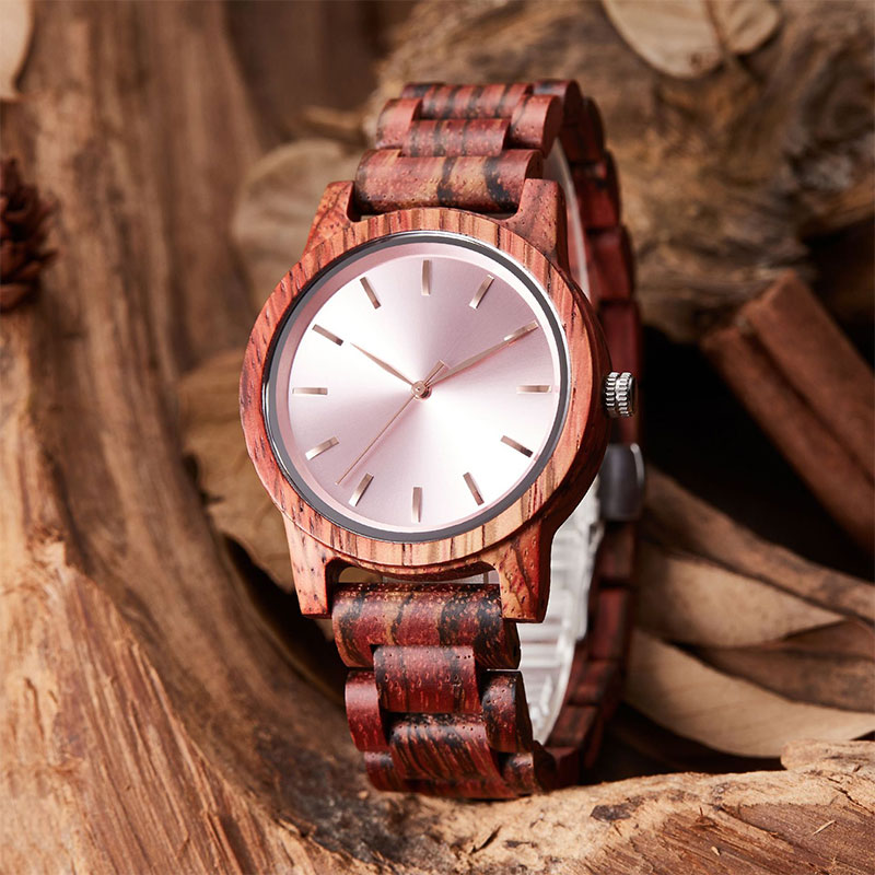 Sotiya Pink Dial Red Zebrawood Quartz Movement Coffee Wood Watch-Sotiya