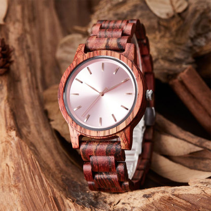 Sotiya Pink Dial Red Zebrawood Quartz Movement Coffee Wood Watch-Sotiya