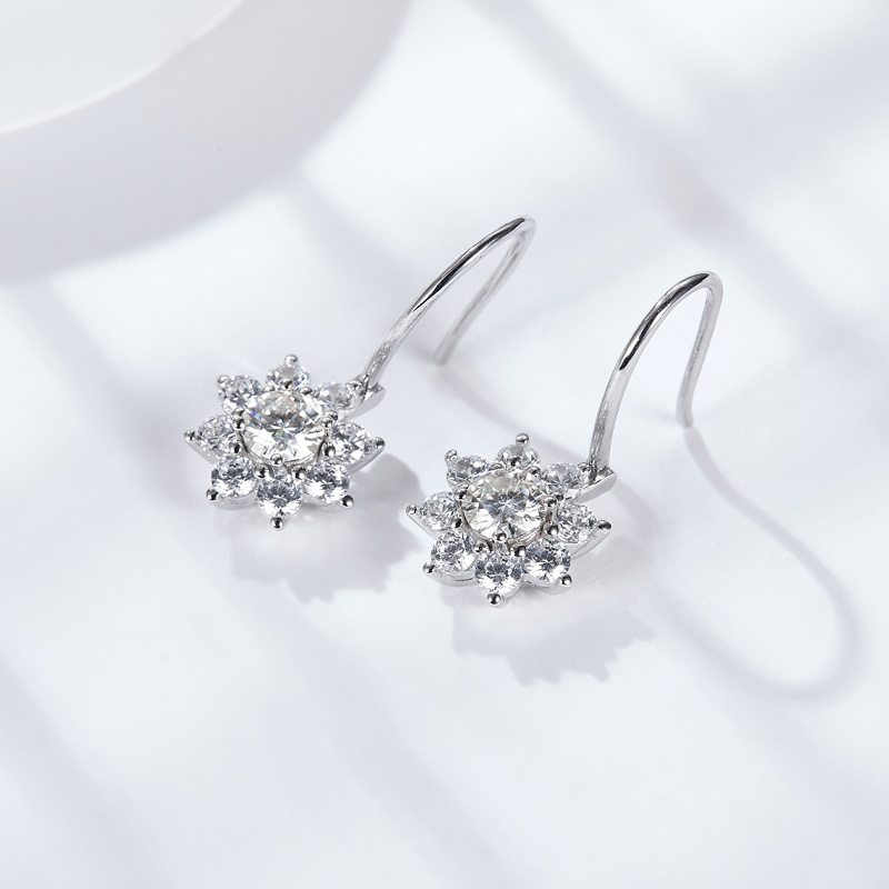 Sotiya Sunflower Round Cut Moissanite Drop Earrings Sterling Silver-Sotiya