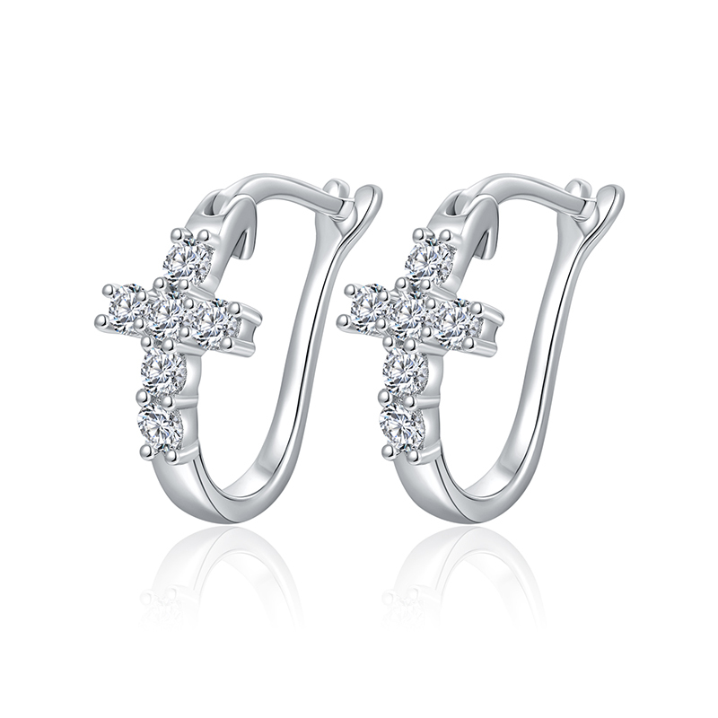 Sotiya Cross Design Round Cut Moissanite Hoop Earrings Sterling Silver-Sotiya