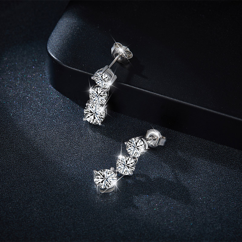 Sotiya Three Stone Round Cut Moissanite Drop Earrings Sterling Silver-Sotiya