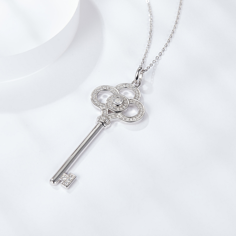 Sotiya Key Design Halo Round Cut Moissanite Necklace Sterling Silver-Sotiya
