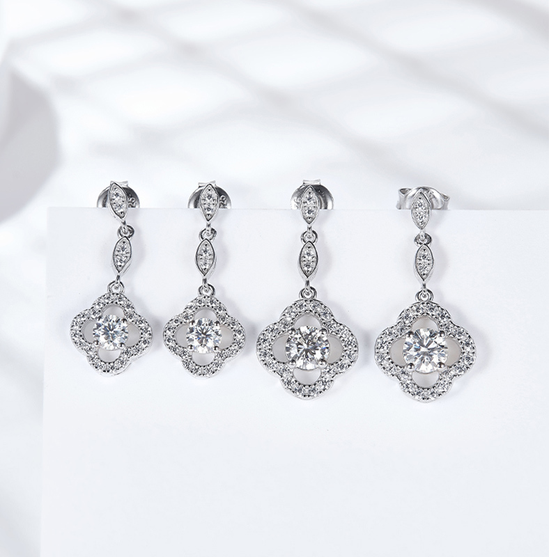 Sotiya Four Leaf Clover Round Cut Moissanite Drop Earrings Sterling Silver-Sotiya