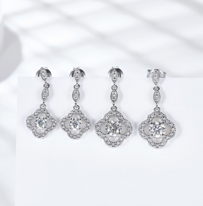 Sotiya Four Leaf Clover Round Cut Moissanite Drop Earrings Sterling Silver-Sotiya