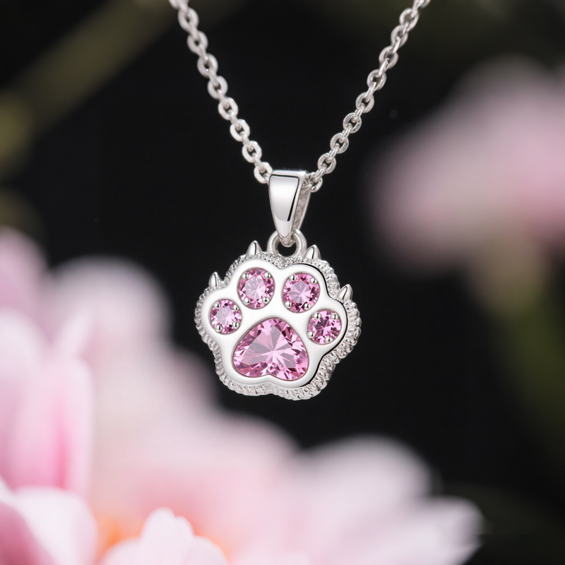 Sotiya Pet Cat Dog Paw Pink Heart Cut Pendant Necklace Sterling Silver-Sotiya