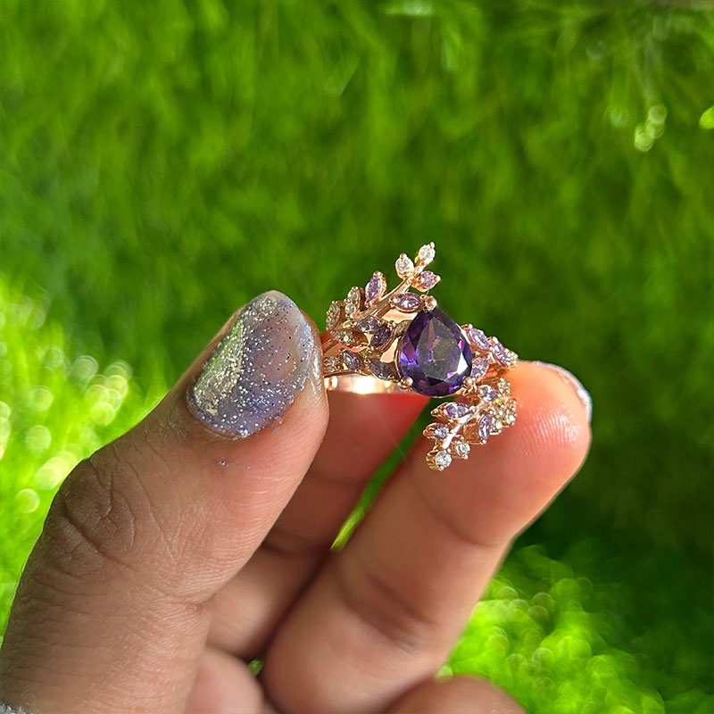 Sotiya Amethyst Pear Cut Leaf Inspired Engagement Ring Sterling Silver-Sotiya