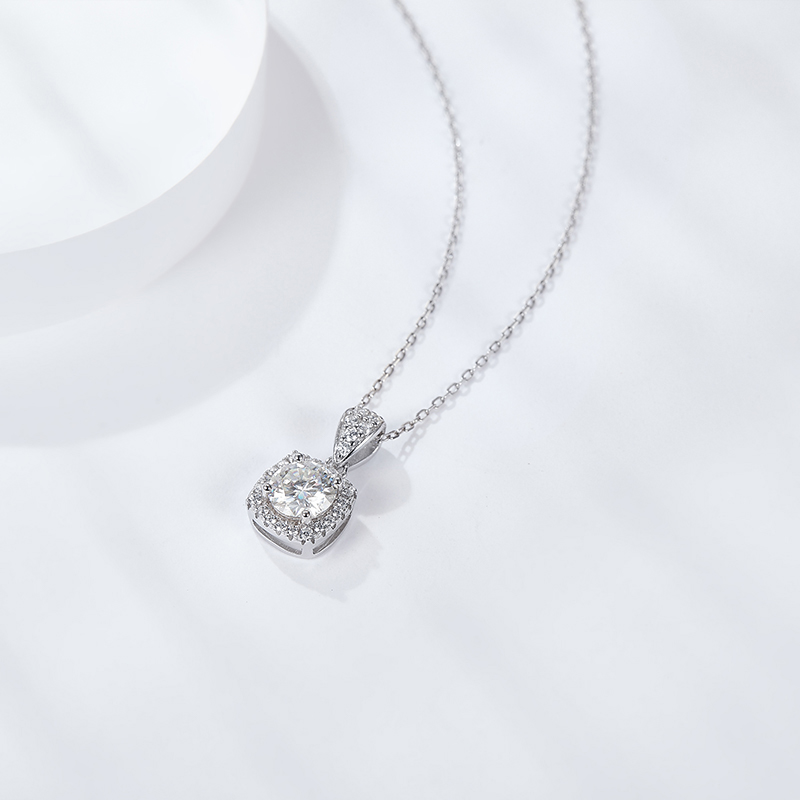 Sotiya Squircle Shaped Halo Round Cut Moissanite Necklace Sterling Silver-Sotiya