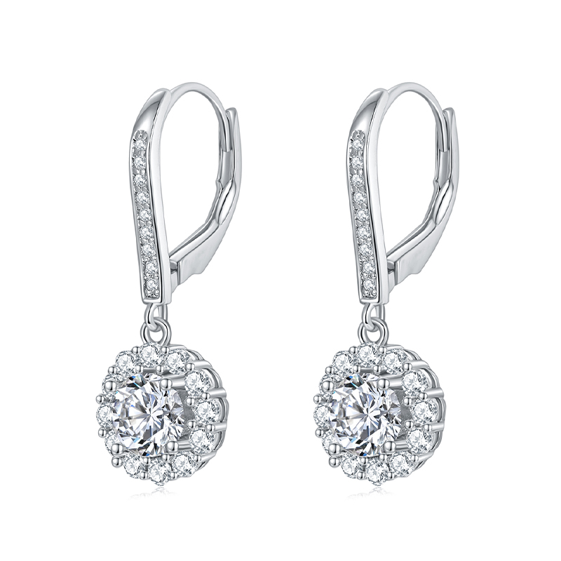 Sotiya Flower Design Halo Round Cut Moissanite Drop Earrings Sterling Silver-Sotiya