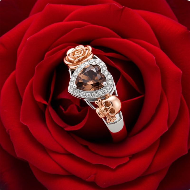 Sotiya Flower Skull Halo Heart Cut Coffee Engagement Ring Sterling Silver-Sotiya