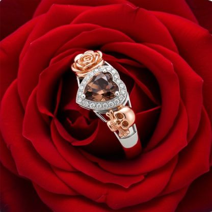 Sotiya Flower Skull Halo Heart Cut Coffee Engagement Ring Sterling Silver-Sotiya