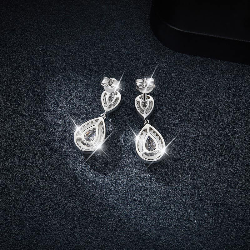 Sotiya Two Stone Halo Pear Cut Moissanite Drop Earrings Sterling Silver-Sotiya