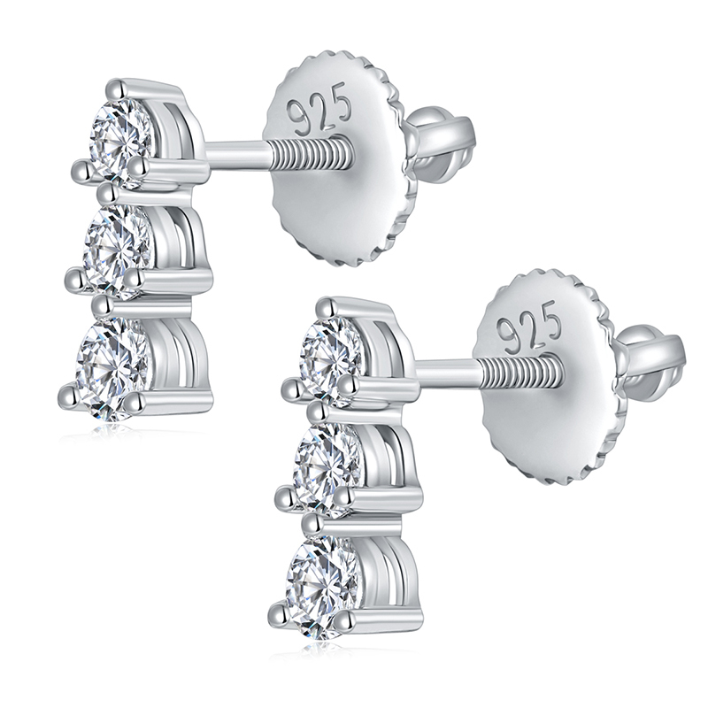 Sotiya Three Stone Round Cut Moissanite Stud Earrings Sterling Silver-Sotiya