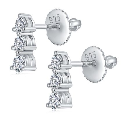 Sotiya Three Stone Round Cut Moissanite Stud Earrings Sterling Silver-Sotiya