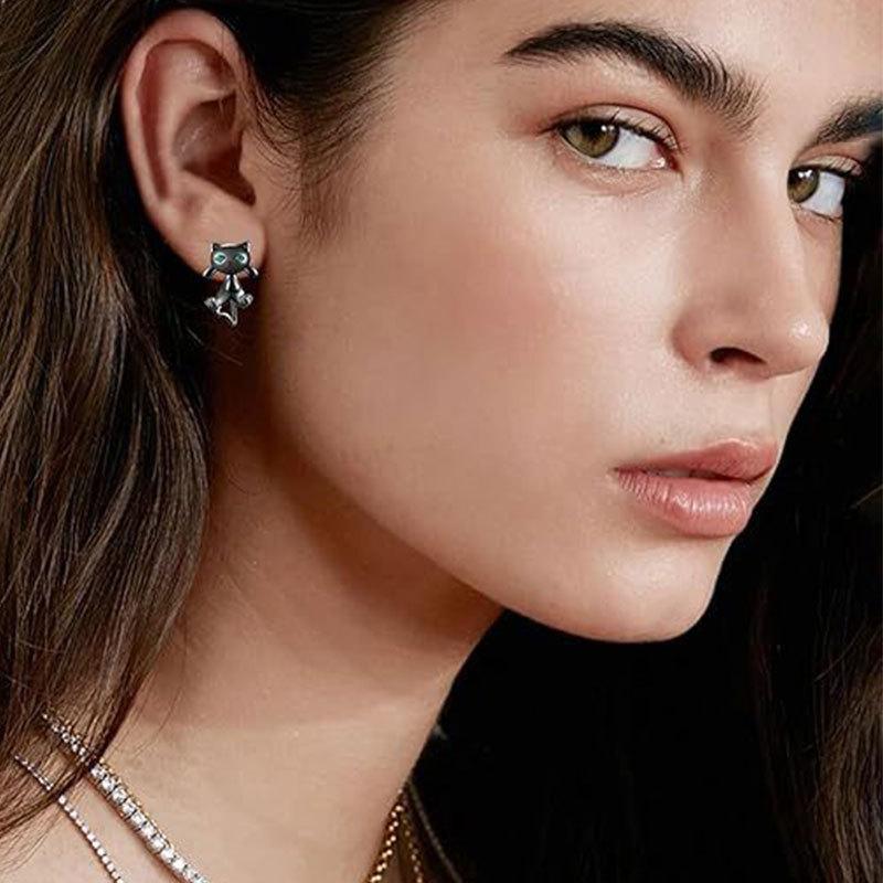 Sotiya Animal Black Cat Split Two-Piece Earrings Sterling Silver-Sotiya