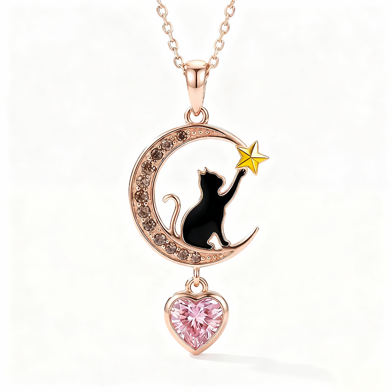 Sotiya Crescent Moon & Black Cat Heart Cut Necklace Sterling Silver-Sotiya