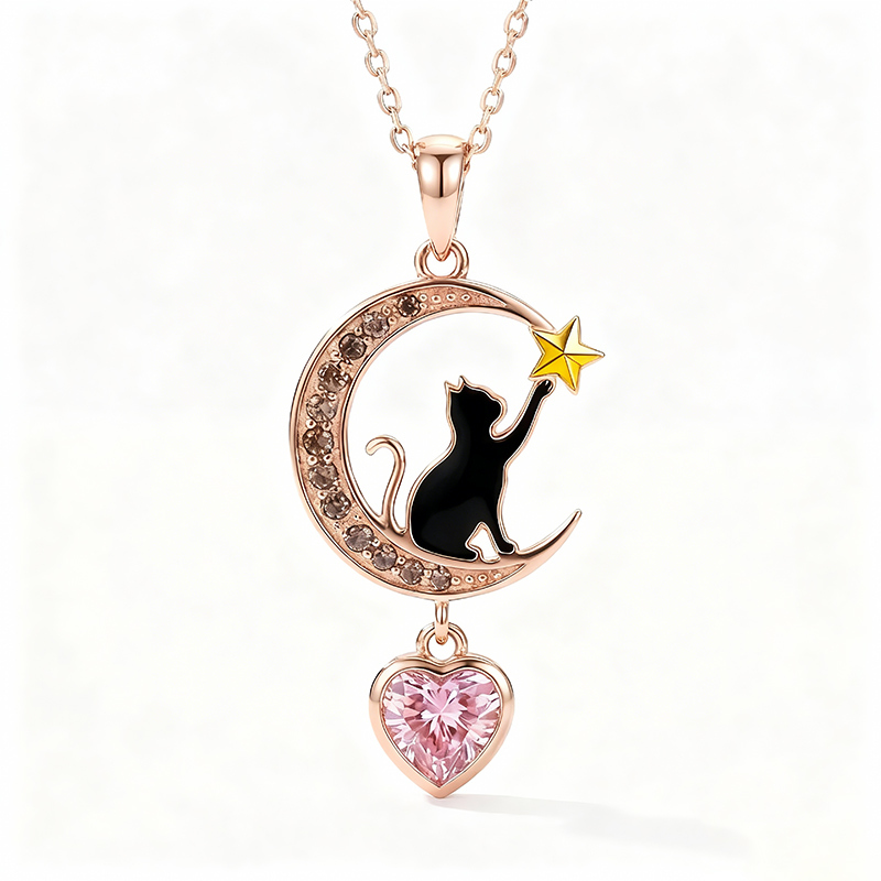 Sotiya Crescent Moon & Black Cat Heart Cut Necklace Sterling Silver-Sotiya