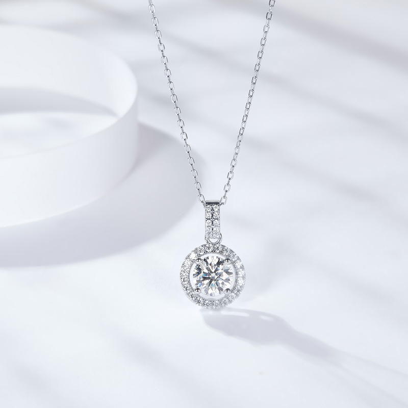 Sotiya Halo Round Cut Moissanite Necklace Sterling Silver-Sotiya