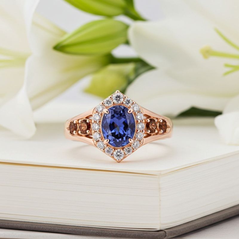 Sotiya Halo Oval Cut Coffee Engagement Ring Sterling Silver-Sotiya