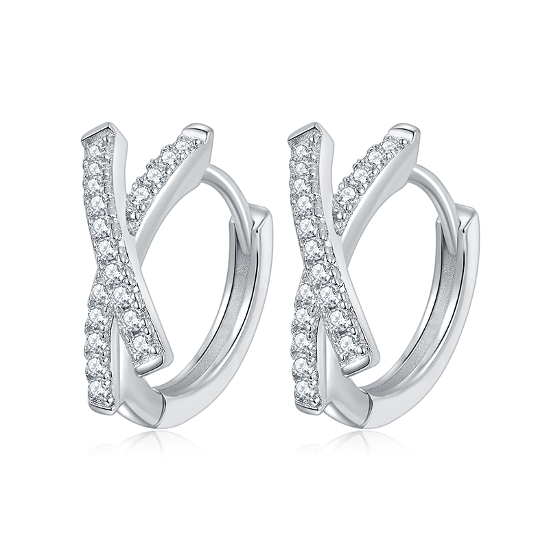 Sotiya X Cross Round Cut Moissanite Huggie Hoop Earrings Sterling Silver-Sotiya
