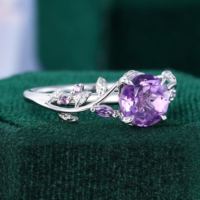 Sotiya Nature Inspired Leaf Round Cut Amethyst Engagement Ring Sterling Silver-Sotiya