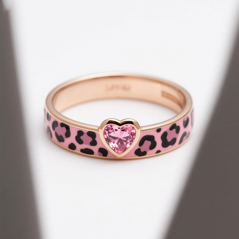 Sotiya Heart Cut Pink Leopard Print Enamel Ring Sterling Silver-Sotiya