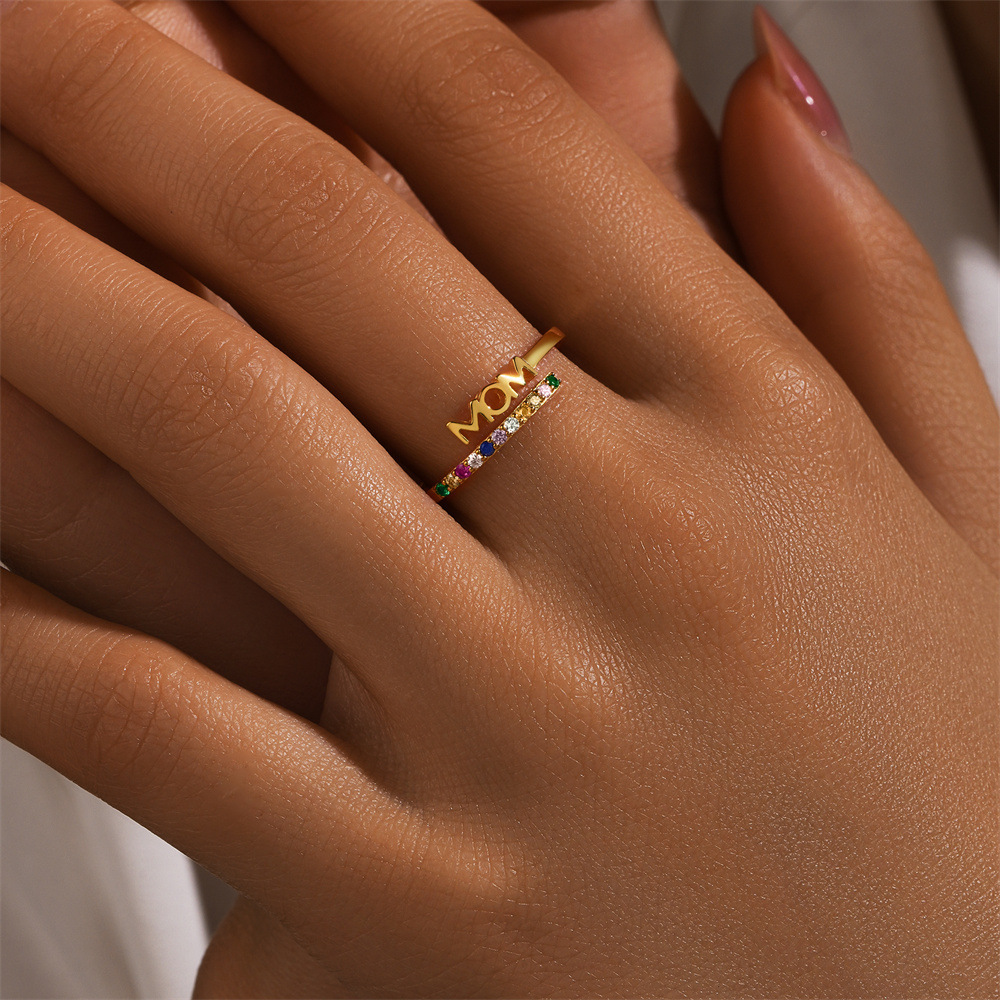 Sotiya MOM Multi Color Rainbow Adjustable Open Ring Sterling Silver-Sotiya