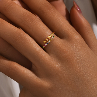 Sotiya MOM Multi Color Rainbow Adjustable Open Ring Sterling Silver-Sotiya