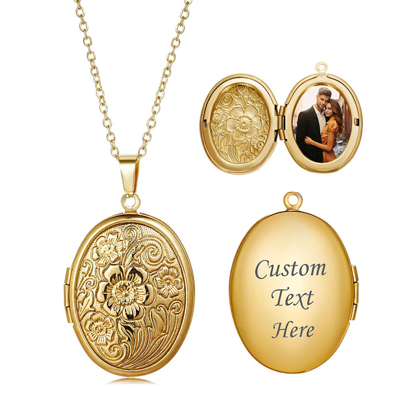 Sotiya Vintage Floral Print Oval Personalized Photo Locket Necklace Stainless Steel-Sotiya