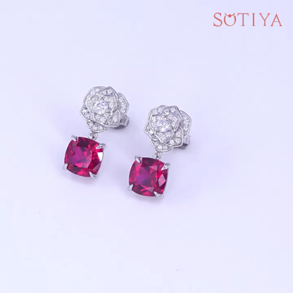 Sotiya Flower Design Cushion Cut Drop Earrings Sterling Silver