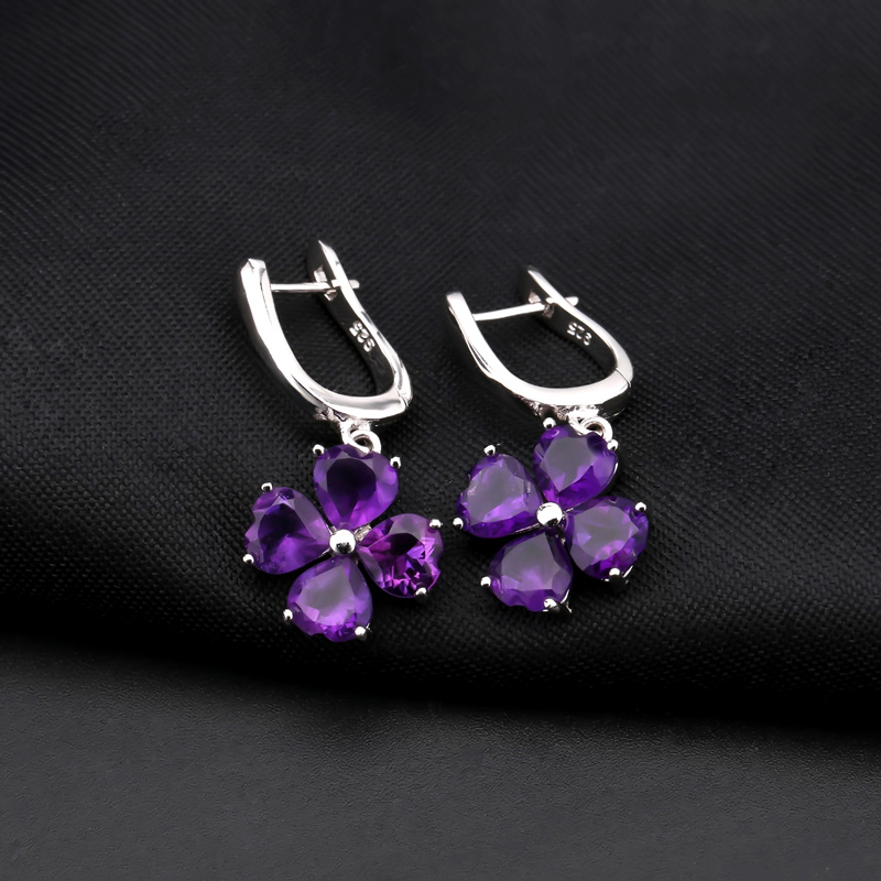 Sotiya Natural Gemstone Amethyst Four Leaf Clover Design Drop Earrings Sterling Silver-Sotiya