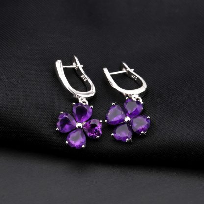 Sotiya Natural Gemstone Amethyst Four Leaf Clover Design Drop Earrings Sterling Silver-Sotiya