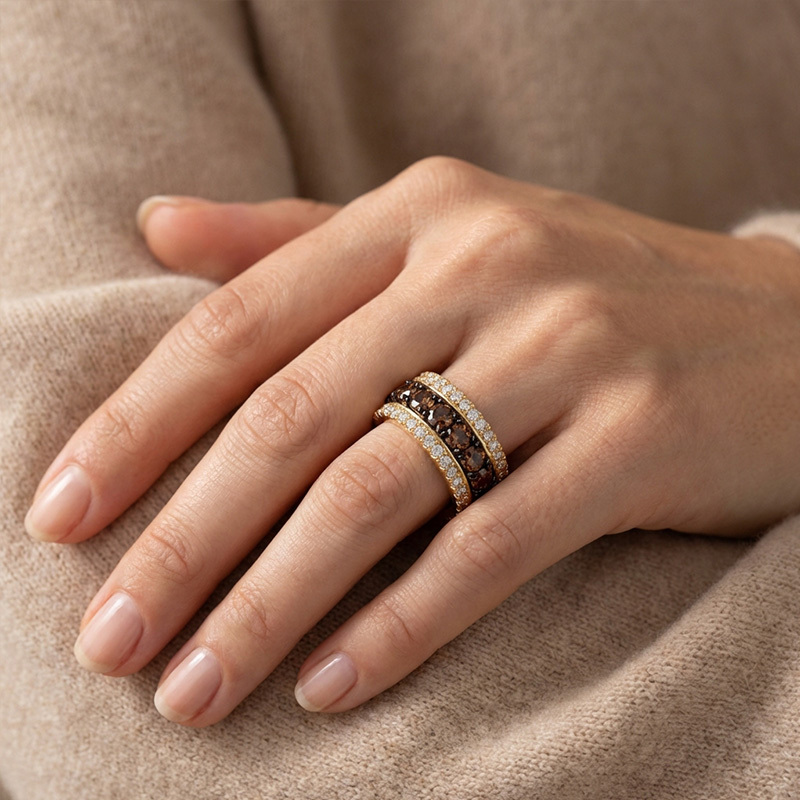 Sotiya Three-Row Round Cut Coffee Women's Wedding Ring Sterling Silver