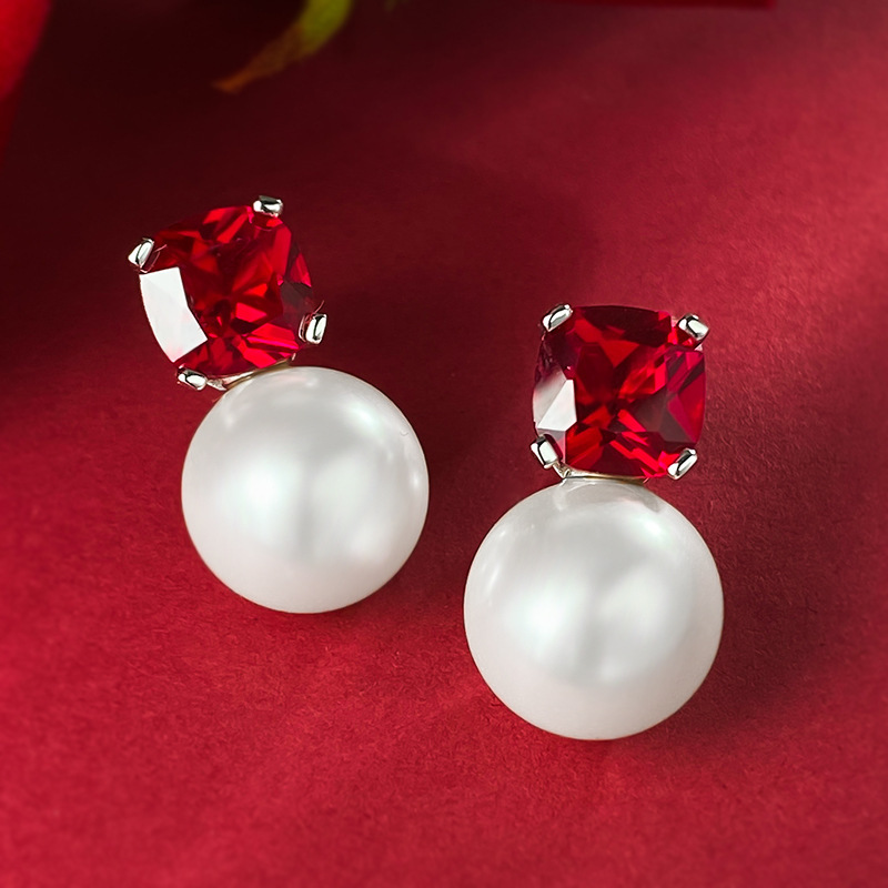 Sotiya Cushion Cut Garnet Red 10mm Pearl Stud Earrings Sterling Silver-Sotiya