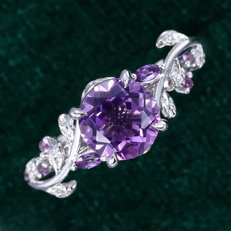 Sotiya Nature Inspired Leaf Round Cut Amethyst Engagement Ring Sterling Silver-Sotiya