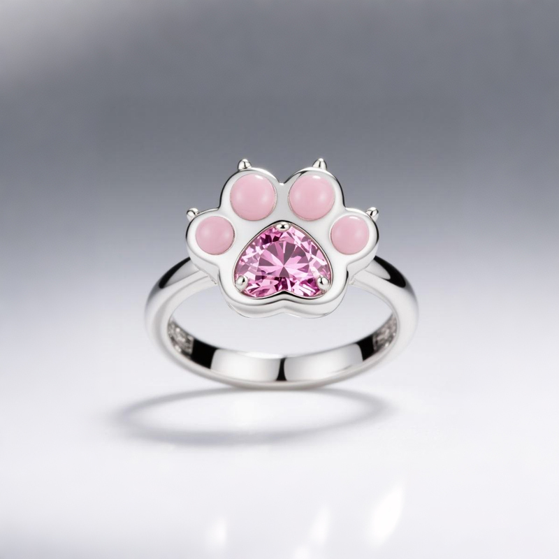Sotiya Pet Cat Dog Paw Pink Heart Cut Enamel Cocktail Ring Sterling Silver-Sotiya