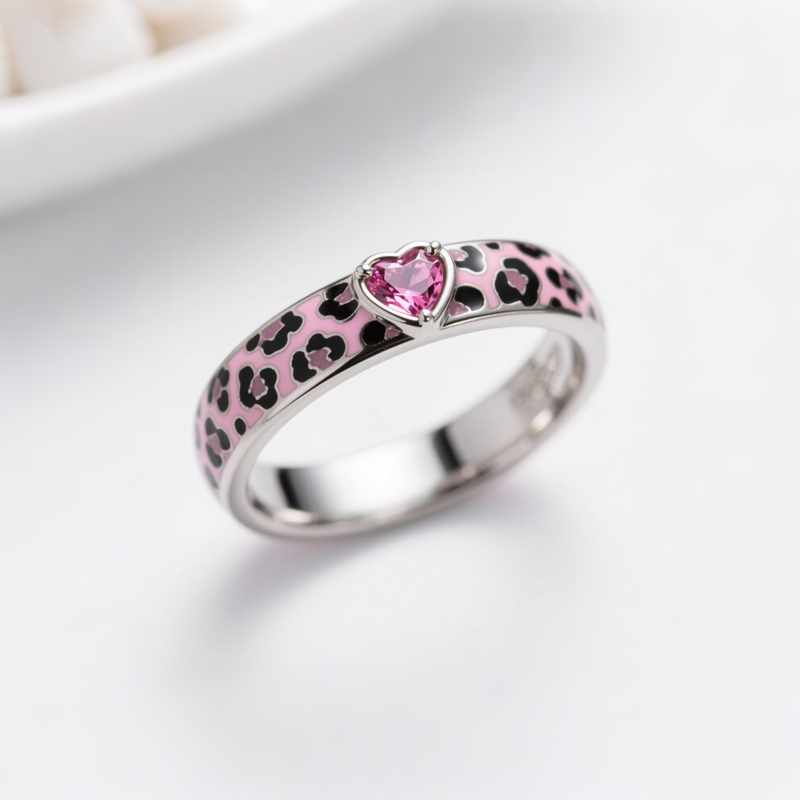 Sotiya Heart Cut Pink Leopard Print Enamel Ring Sterling Silver-Sotiya