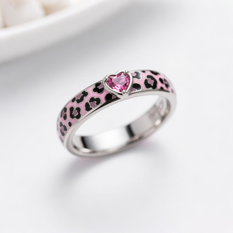 Sotiya Heart Cut Pink Leopard Print Enamel Ring Sterling Silver-Sotiya