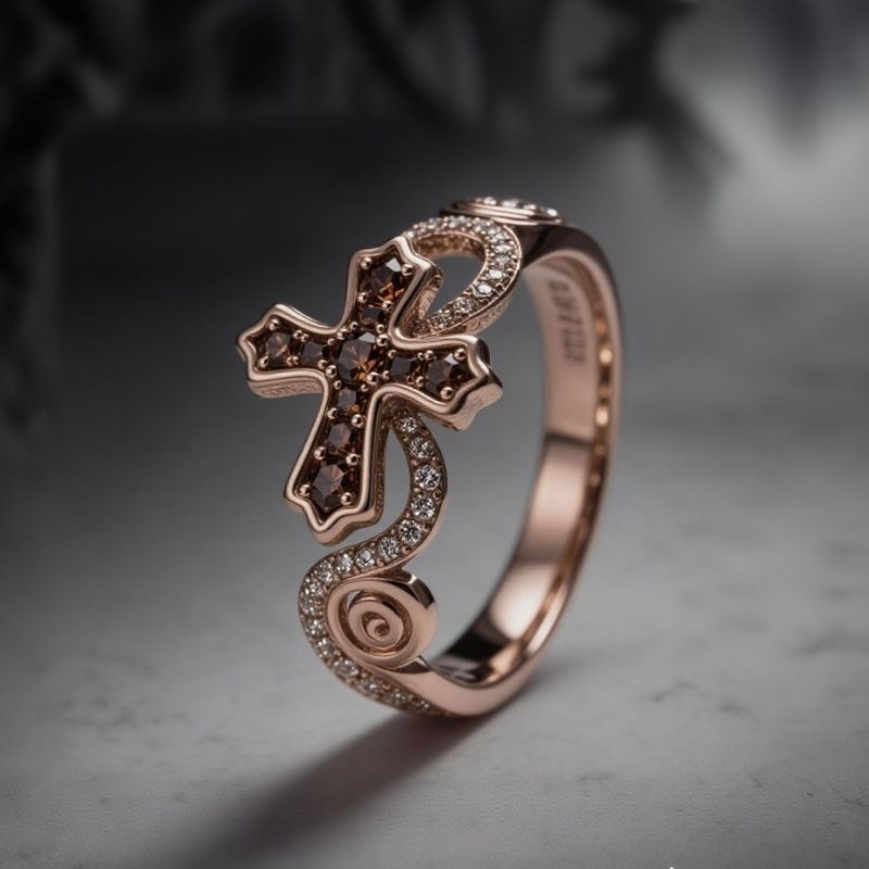 Sotiya Cross Design Faith Round Cut Coffee Cocktail Ring Sterling Silver-Sotiya